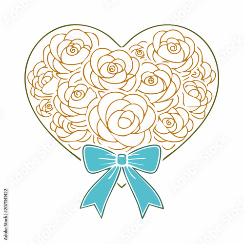 Heart shape filled with roses and decorated with a blue bow