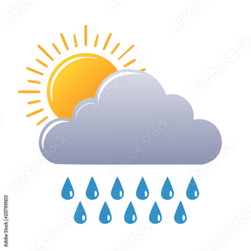 Sun and rain cloud icon with raindrops