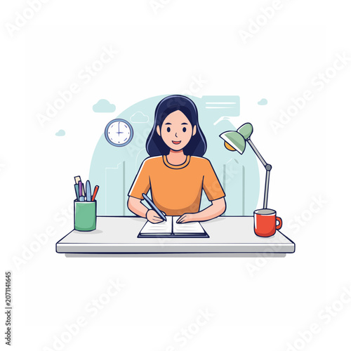 Woman studying at desk with lamp and notebook