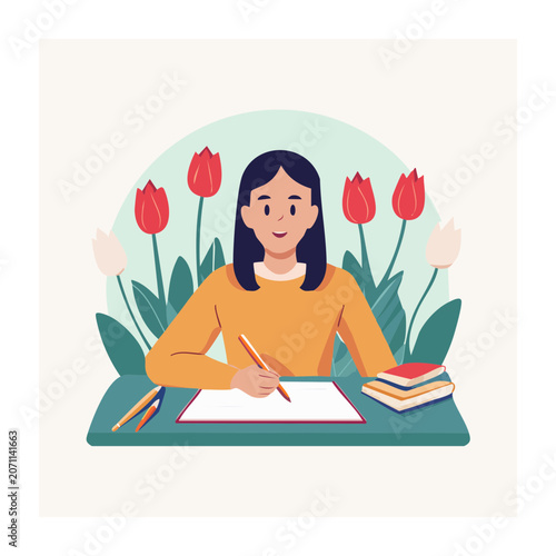 Woman writing at a desk with tulips and books