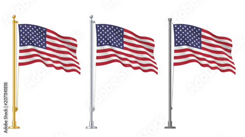 Three Waving American Style National Flags Mounted on Different Metal Poles Isolated on a White Background
