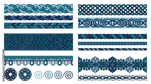 Fotografie Traditional Blue Celtic Knot Border Elements and Decorative Geometric Bands for