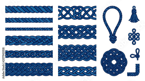 Collection of Blue Nautical Rope Borders Braids and Decorative Ornamental Knots for Marine Design Elements