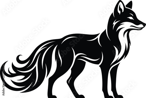 Obraz na plátně Elegant fox silhouette vector illustration with stylized bushy tail and minimalist black and white animal design