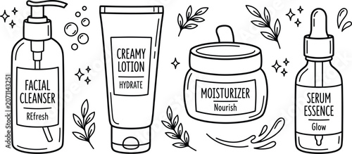 Bild auf Leinwand Skincare beauty line art collection featuring facial cleanser creamy lotion hydr