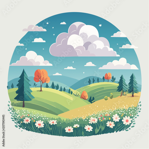Stylized Landscape with Rolling Hills, Trees, and Clouds