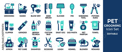 Tablou pe pânză Pet Grooming Icon Set: Tools for Dog and Cat Care, Bathing, Trimming, and Hygien