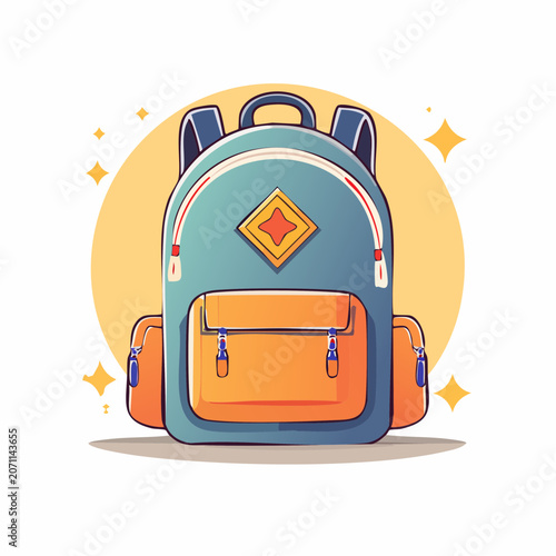 Blue and orange backpack illustration with sparkles