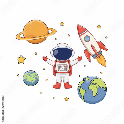 Cartoon astronaut with rocket, planets, and stars in space