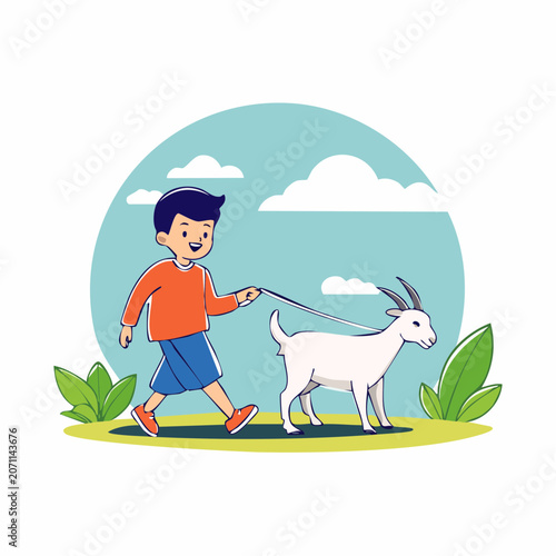 Boy walking a goat on a leash outdoors