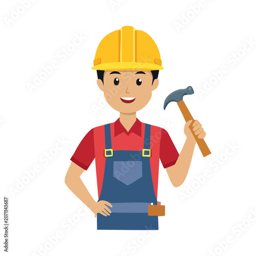 Cartoon Construction Worker with Hammer and Hard Hat