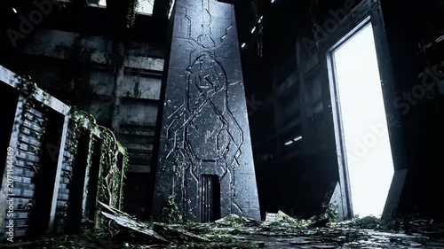 A dark, abandoned building with crumbling walls, overgrown with vines and moss, and a mysterious purple lightning