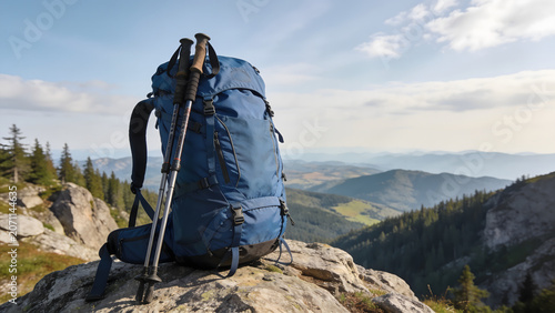 Blue Hiking Backpack and Trekking Poles on Mountain Summit with Scenic Landscape