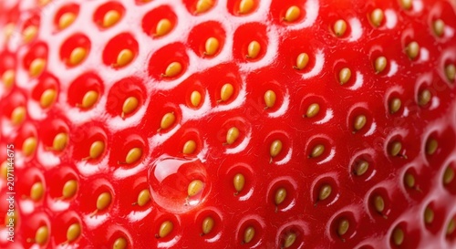Extreme close up of ripe strawberry skin texture showing seeds and red hues