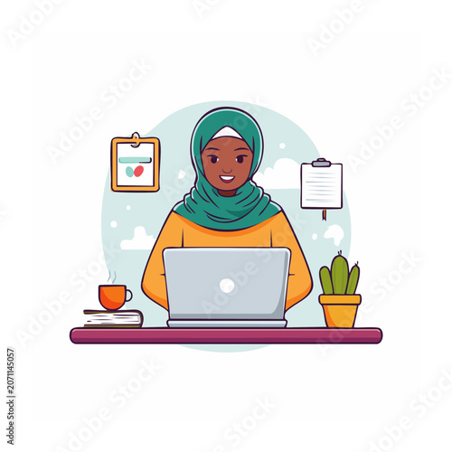 Woman in hijab working on laptop at desk with coffee and cactus