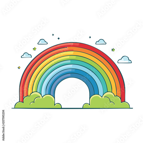 Bright cartoon rainbow over green hills and clouds