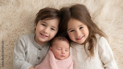 Joyful siblings pose with their sleeping newborn baby sister