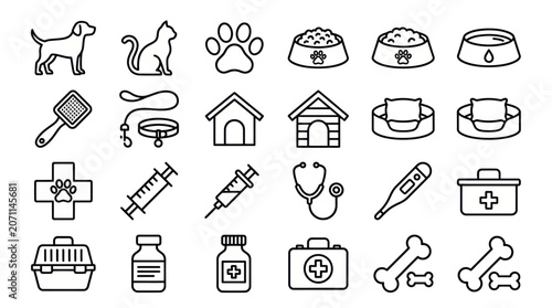 Veterinary medical and pet health outline icons.