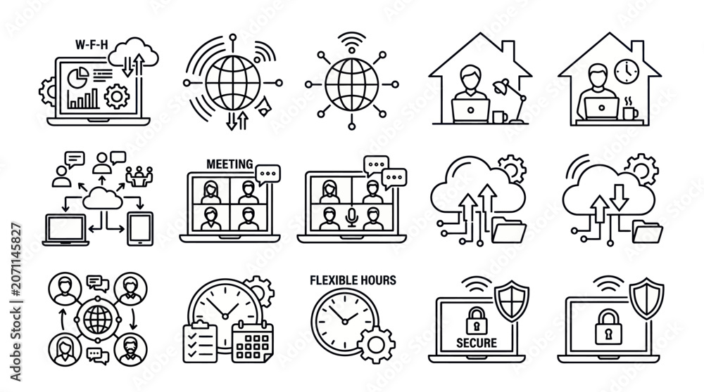 Fototapeta premium Virtual meeting and remote collaboration line icons