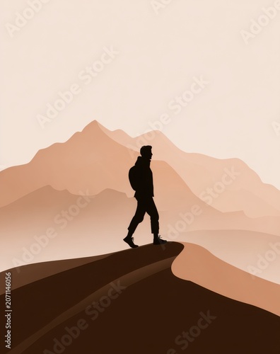 A solitary traveler's silhouette journeys across desert dunes and mountains.