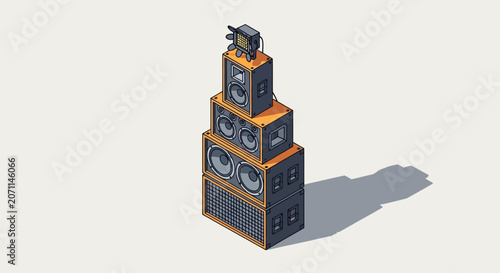 Isometric Illustration of a Stacked Professional Audio Speaker System for Music Production and Live Performance Events