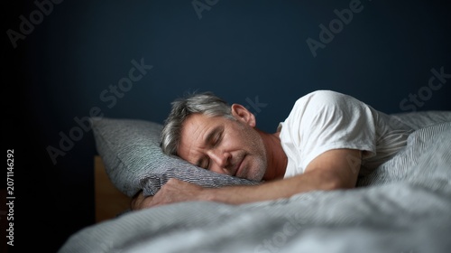 Relaxed middle-aged man sleeping soundly in a cozy bed