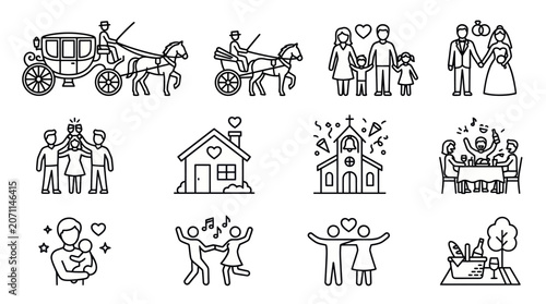 Wedding and family life cycle outline icon set.