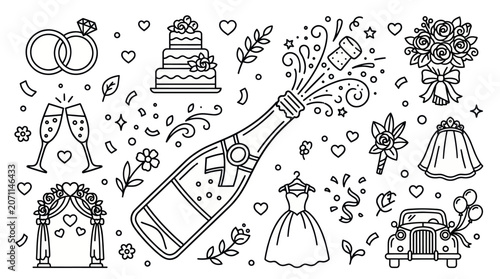 Wedding celebration icons and symbols line art collection.