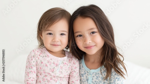 Two adorable young girls smiling sweetly in a close-up portrait