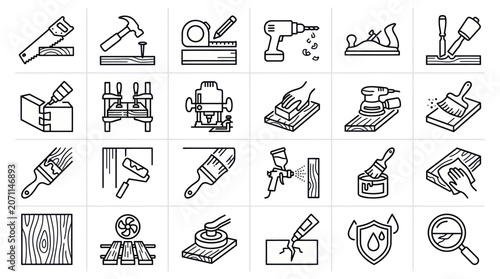 Woodworking tools and carpentry construction line icons.