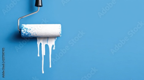 Paint roller with white paint dripping down a bright blue wall