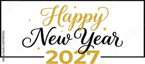 Happy new year 2027 festive holiday card design featuring gold and black typography inside elegant rectangular frame decorated with floating stars on clean white background luxury seasonal greeting.