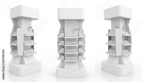 White retail display shelf with a built in 3 shelves and 4 side perfect for showcasing products in stores and shopping malls. Modern design ideal for branding.