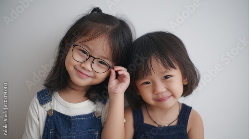 Sweet portrait of two young Asian girls with joyful smiles and glasses