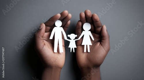 African American hands protect paper cutout family on grey background