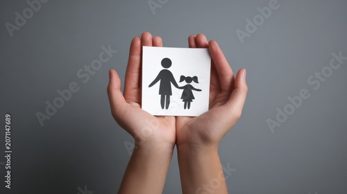 Protective hands cradle a paper cutout of a parent and child, representing family bonds.