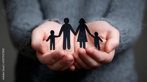 Hands cradling a paper silhouette of a family, symbolizing protection