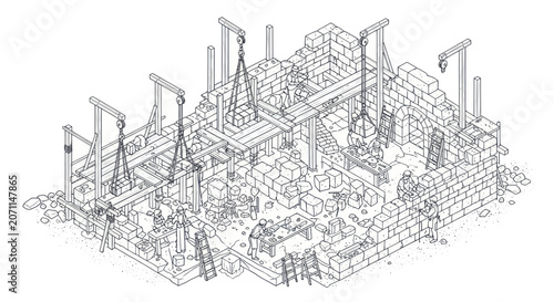 Bild auf Leinwand Isometric construction sketch of ancient building ruins with scaffolding and mat