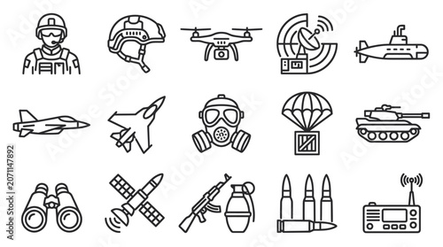 Military equipment and combat vehicle icon set.