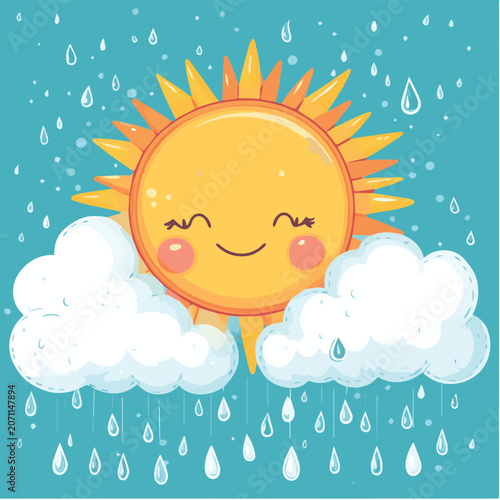 A cheerful sun smiling behind fluffy clouds with raindrops, creating a whimsical and colorful weather illustration.