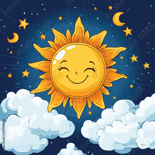 A cheerful sun with a smiling face shines brightly among clouds and stars, embodying joy and positivity in the sky.