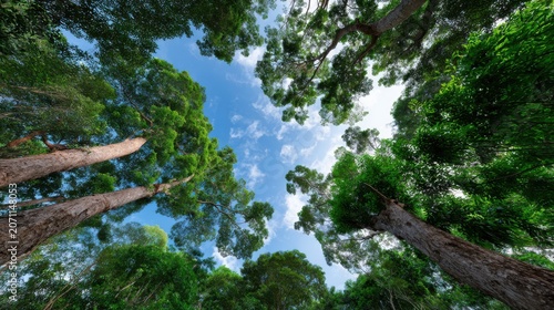 Low Angle View of Lush Green Tree Canopy Against Blue Sky