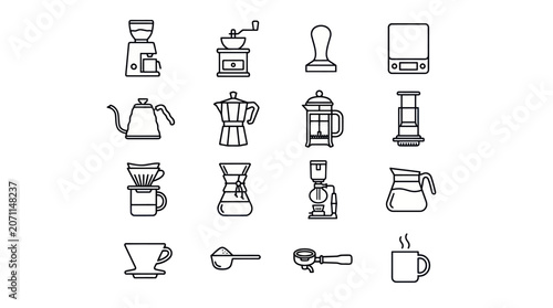 Photos Minimalist coffee preparation tools outline icon collection.