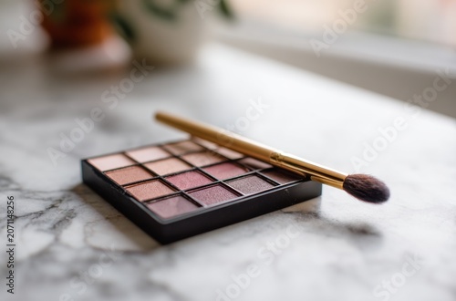 Eyeshadow palette with makeup brush on a white marble surface
