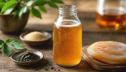Homemade fermented raw kombucha tea in a glass bottle.