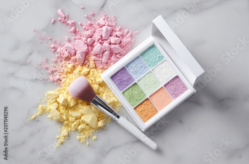Pastel makeup palette, brush, and colorful loose powder on marble