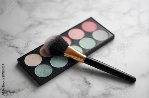Makeup brush resting on a colorful cosmetic palette on marble