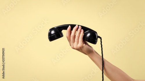 Hand holding a vintage black telephone receiver against a plain yellow background