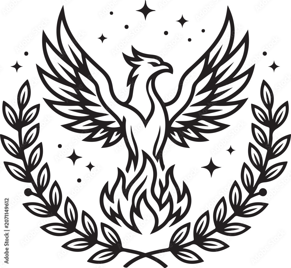 Fototapeta premium Phoenix bird with fire and laurel wreath illustration