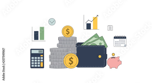Fotografie Wallet rests beside stacks of gold coins and paper currency with financial calculators and charts
